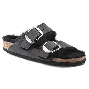 Birkenstock Black Leather Arizona Big Buckle Shearling Lined Sandals Size 37